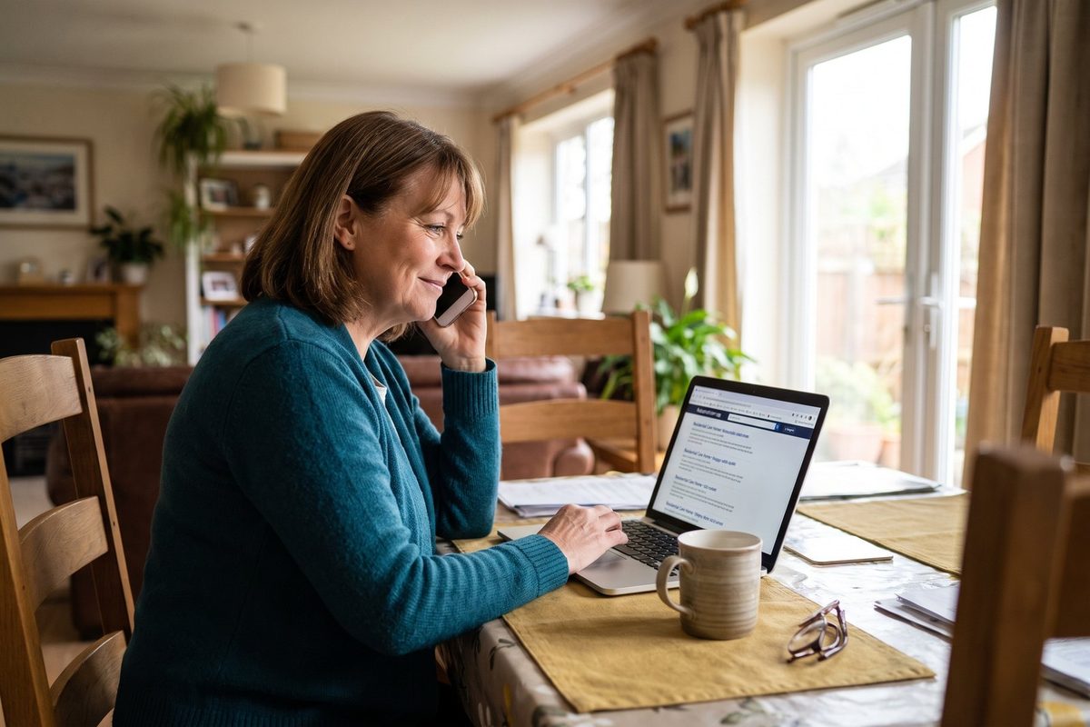 A woman in her fifties sits at her kitchen table on the phone, a laptop open on care-home listings, enquiring about a room for her father.