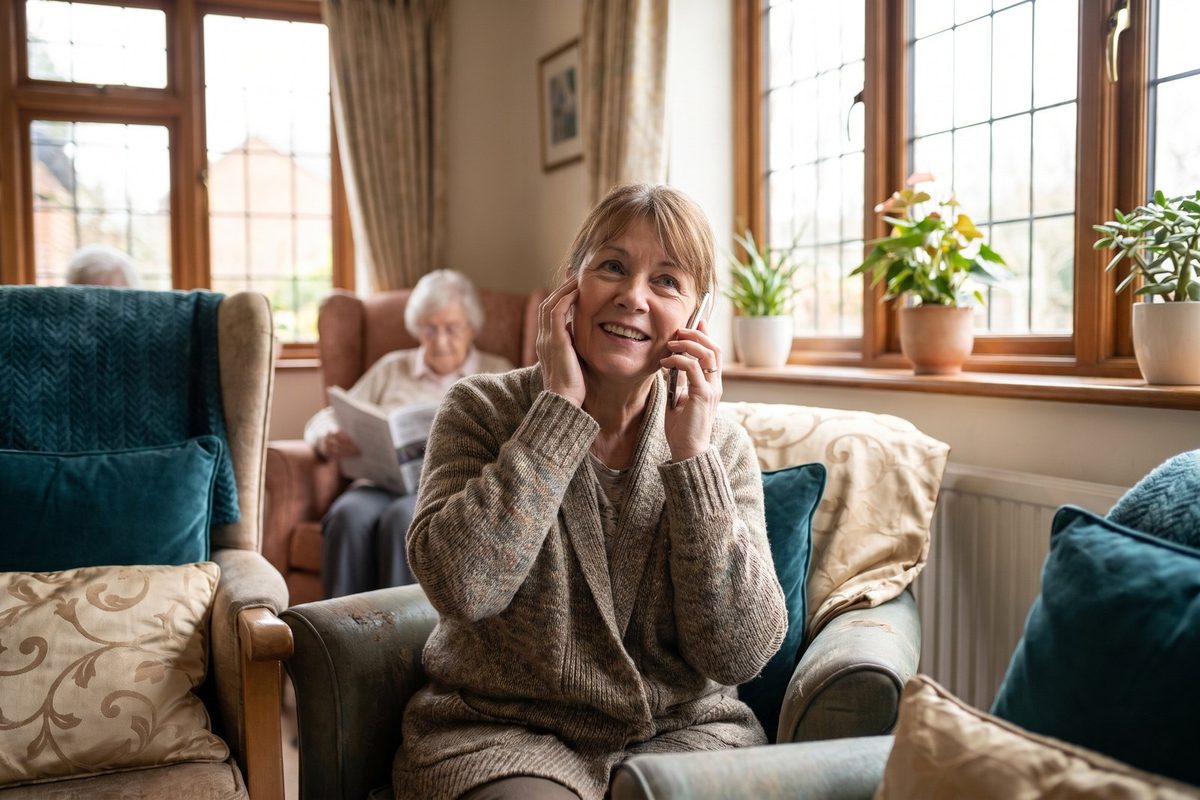 A woman in her fifties sits at her kitchen table on the phone, a laptop open in front of her, enquiring about a care home for her father.