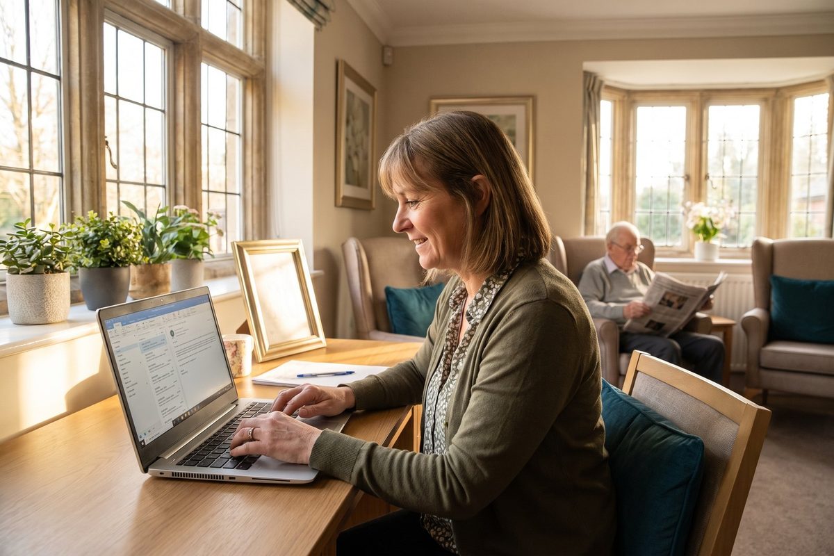 A care-home administrator working through an inbox on a laptop at a tidy desk in warm morning light.
