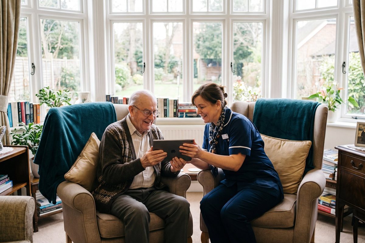An older woman sits in a bright care-home lounge on a phone call, a smiling carer beside her helping to hold the handset.
