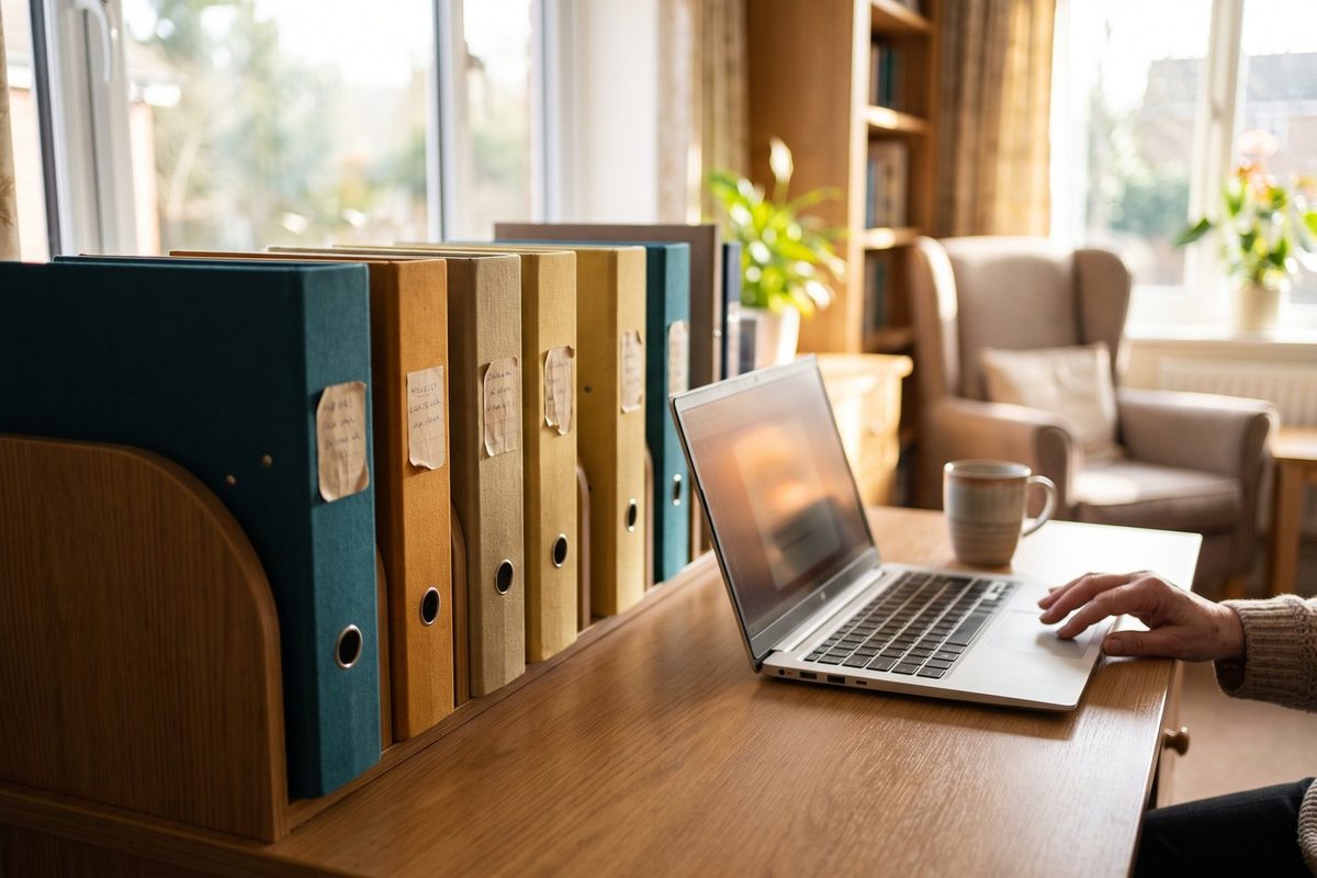 An orderly shelf of care-home policy folders beside a laptop on a desk in warm light.