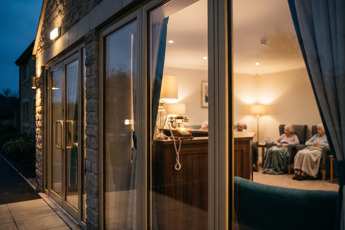The lit foyer of a UK care home at dusk, seen from outside, with an empty reception desk visible through the glass.