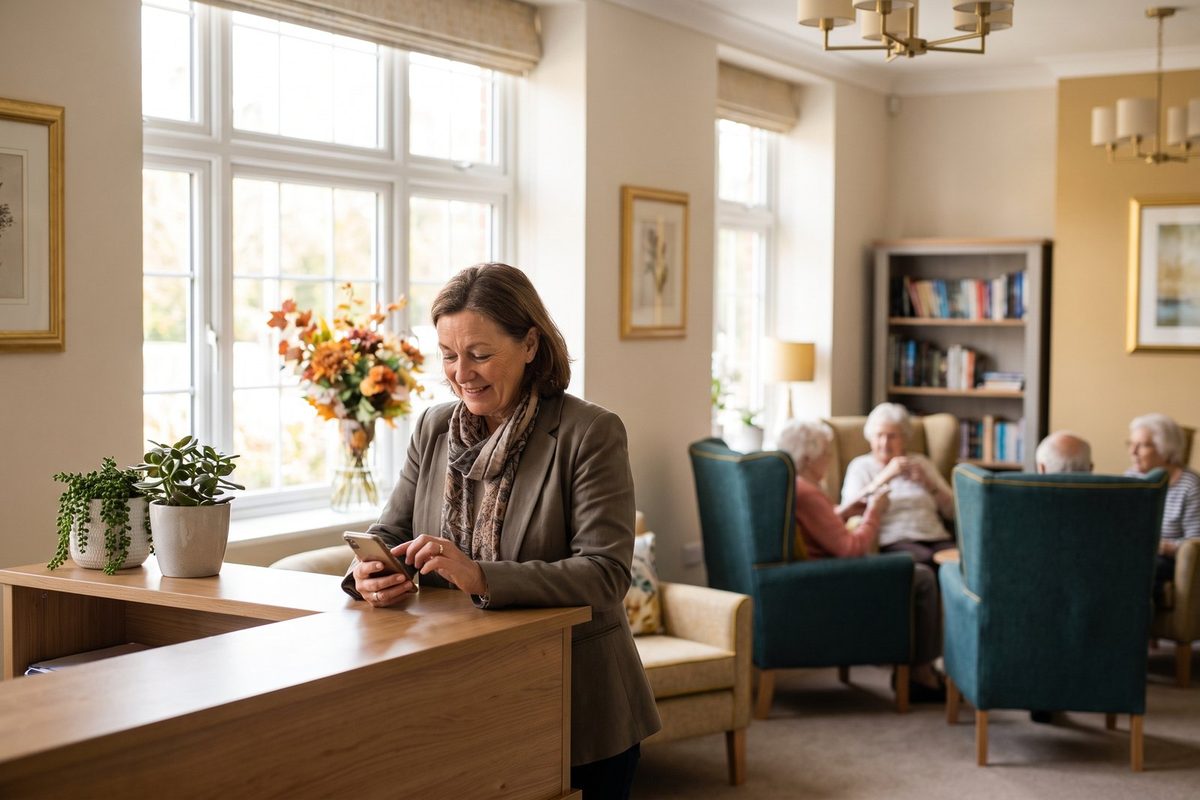 A care-home manager standing in a warm reception area, reading messages on a mobile phone.